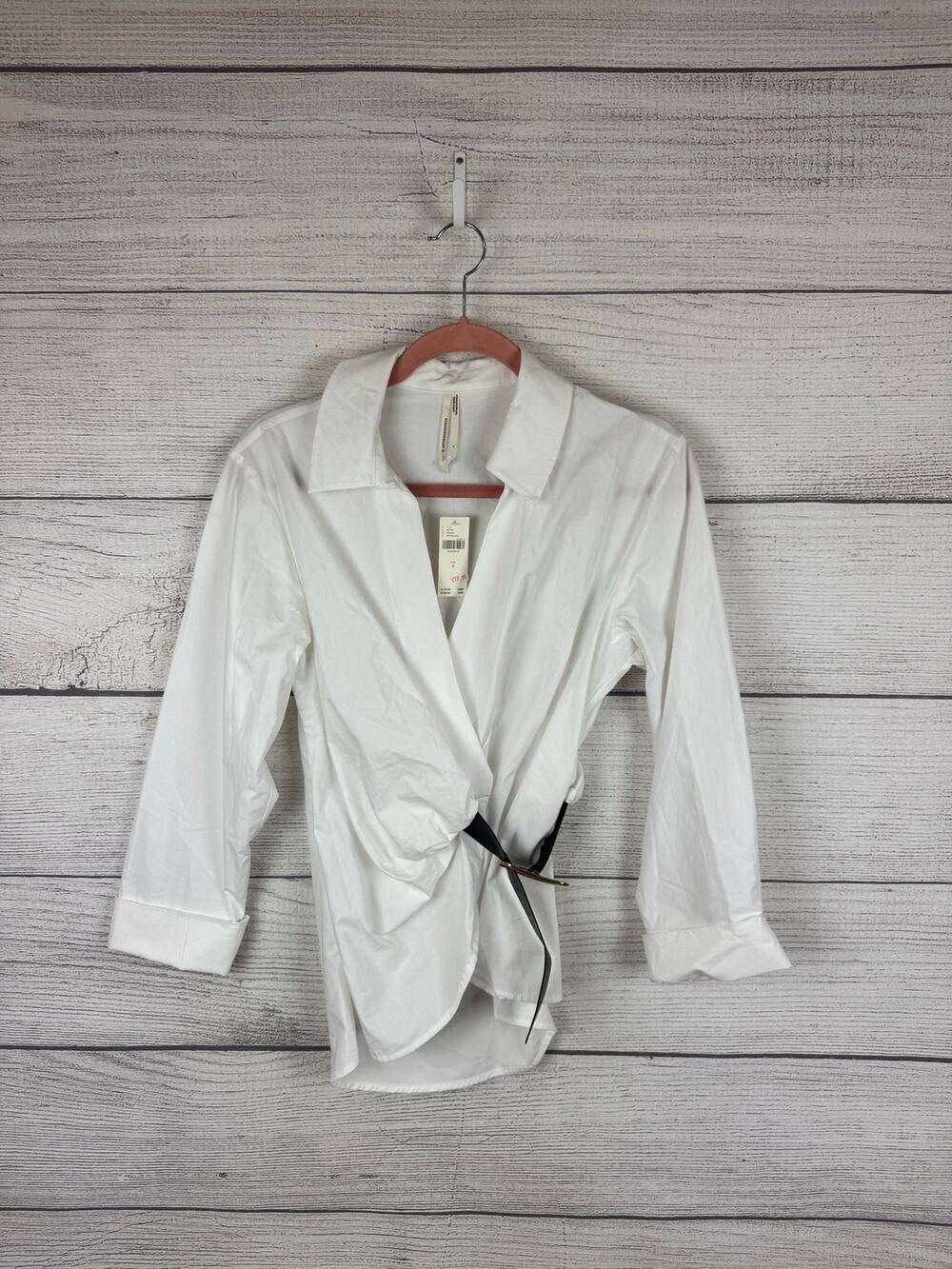 Anthropologie Women's White Belted Collared Blouse Size Small